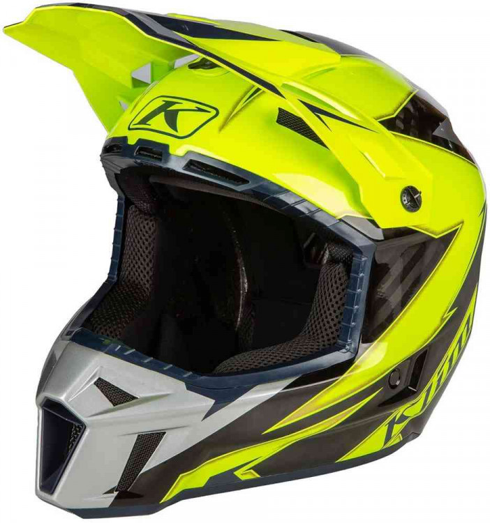 Мотошлем для мотокросса и эндуро Klim F3 Lighting Carbon Серый/Неоново-Желтый 3707-001-150-007