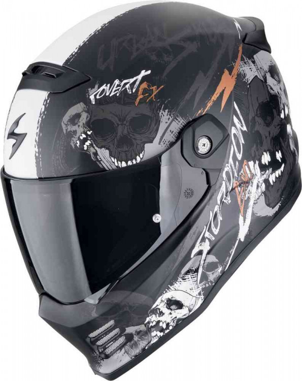 Мотошлем интеграл Scorpion Covert FX Skullz Черный матовый/Серый/Оранжевый 186-502-366-02