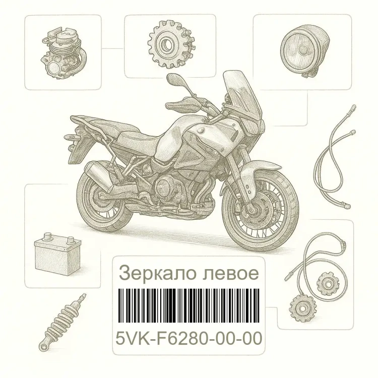 5VK-F6280-00-00 Зеркало левое, Yamaha Номер детали 5VK-F6280-00-00, 5VKF62800000, 5VK-F6280-00, 5VKF628000, 5VK F6280 00